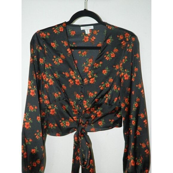 Topshop Blouse Black Red Floral Print‎ Corset Tie Cropped Long Sleeve Size 2 - Picture 3 of 8